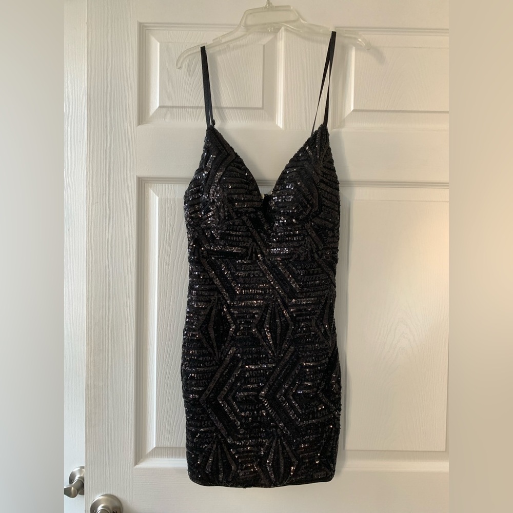 Windsor Low Plunge Black Sequin Body-con Mini Dress